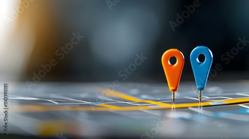 Two colorful pins on a detailed map designate the starting and destination points of a GPS navigation system, which is used for effective route planning and guidance. photo