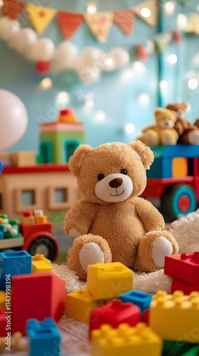 Adorable teddy bear amidst colorful toys and birthday decorations.