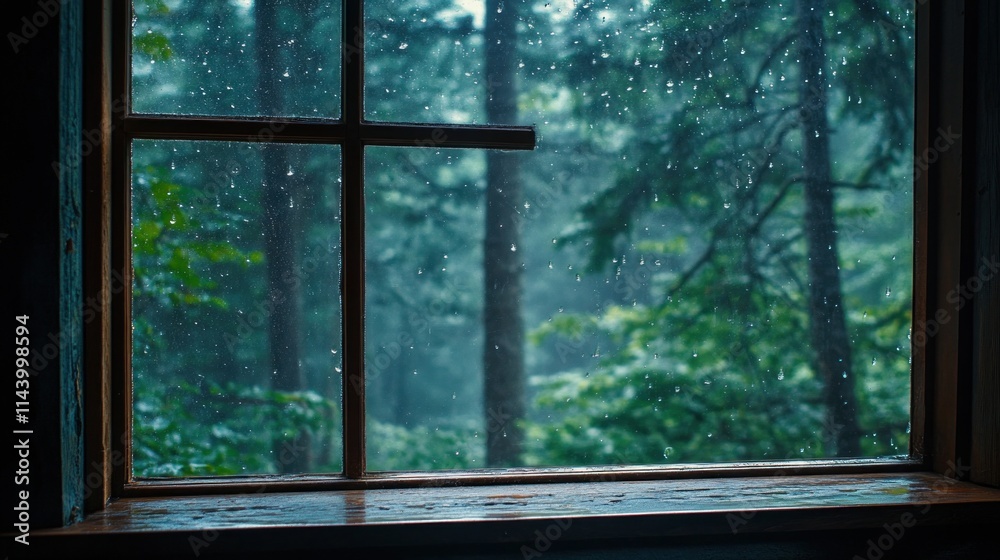 Naklejka premium Rainy forest view from rustic window.