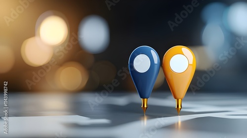 Two colorful pins on a detailed map designate the starting and destination points of a GPS navigation system, which is used for effective route planning and guidance. photo