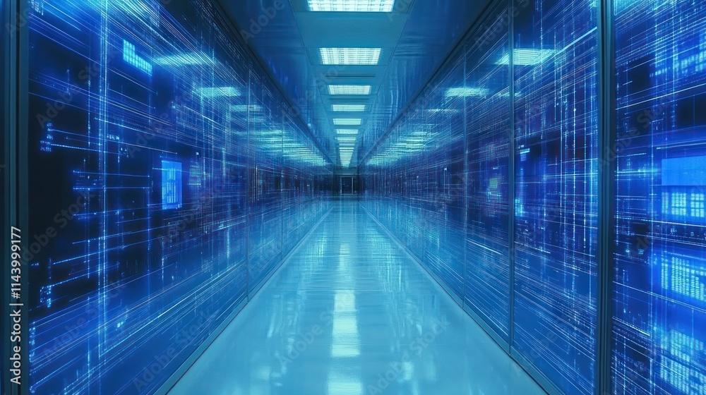 Futuristic server room with glowing blue data streams on racks. Futuristic server room with glowing blue data streams on racks.