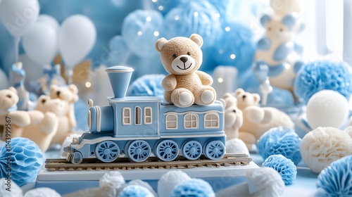 Cute teddy bear on a blue toy train among pastel decorations.