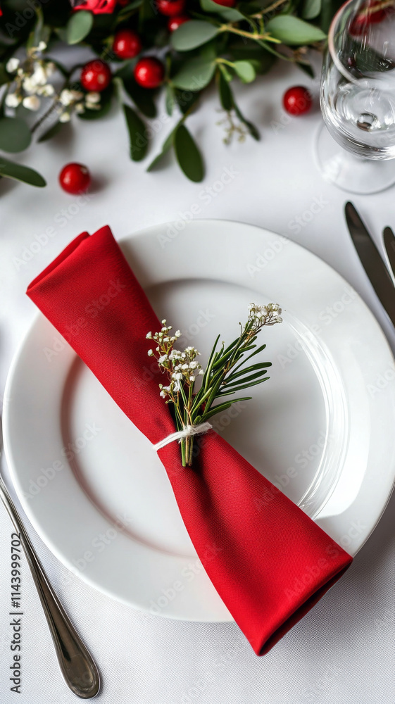 Elegant red napkin on white plate with greenery and flowers Elegant red napkin on white plate with greenery and flowers