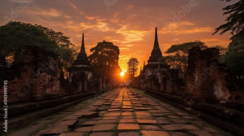 Breathtaking Sunset Casts Vibrant Colors over the Historic Temples and Monuments of Sukhothai Historical Park in Thailand a Stunning Scenic Landscape