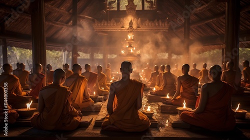 Traditional Thai Buddhist Ceremony with Monks Chanting and Performing Rituals Inside a Ornate and Gilded Buddhist Temple