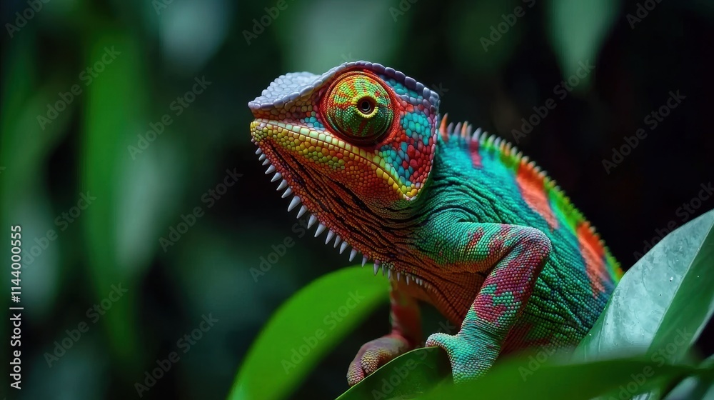 Fototapeta premium Vibrant Chameleon Resting on Green Leaves in Tropical Environment