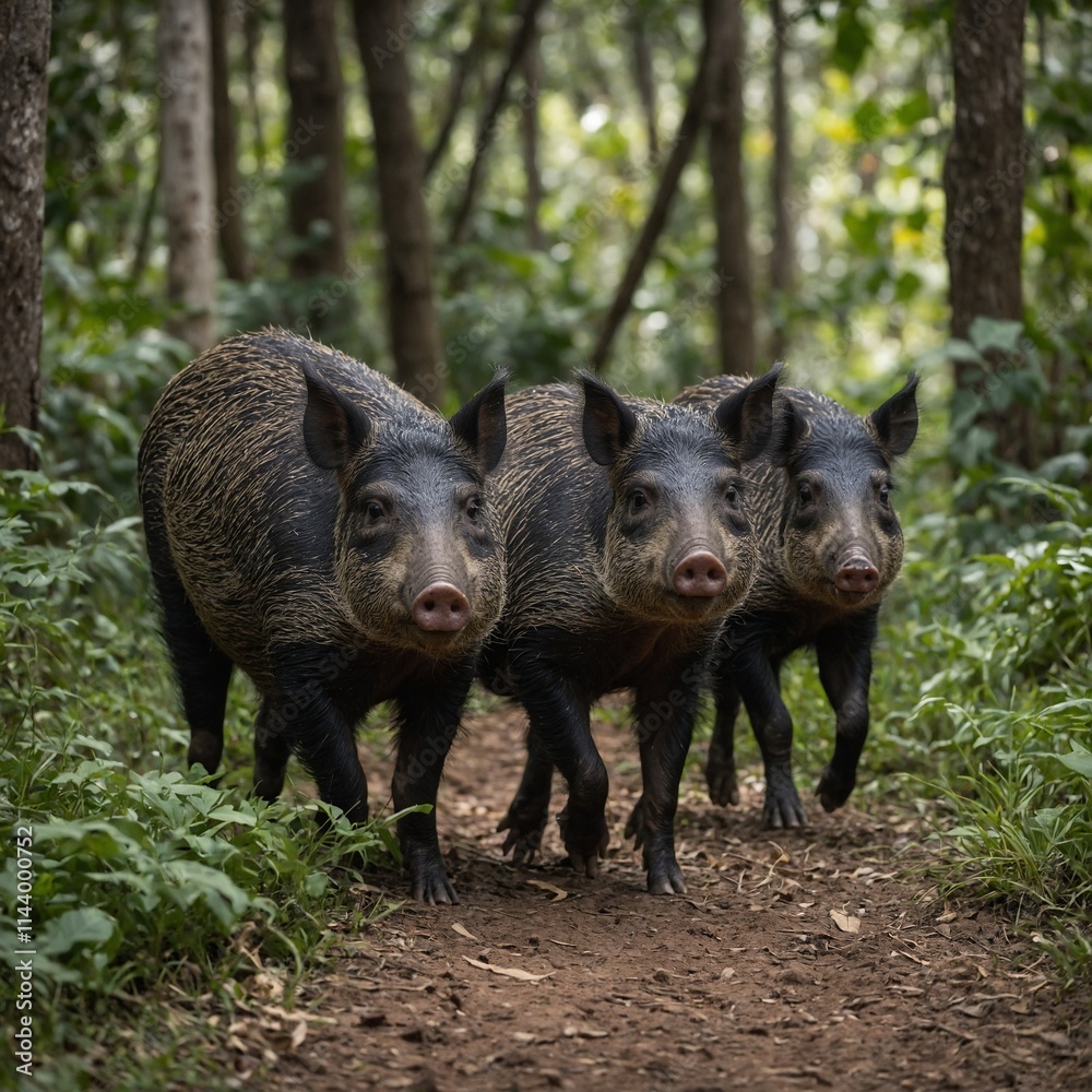 A pack of wild peccaries walking through a bright and lively forest. A pack of wild peccaries walking through a bright and lively forest.
