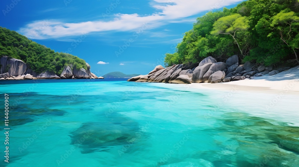 Naklejka premium Emerald Allure of the Similan Islands A Captivating Seascape Showcasing Nature s Sublime Beauty in a Tropical Paradise The crystal clear turquoise waters and lush