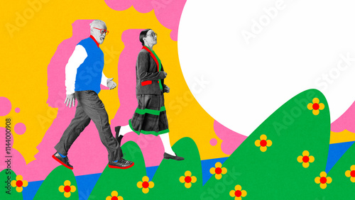 Fotografie Elderly couple walking joyfully along whimsical path filled with flowers against abstract colorful background