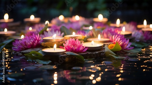 Beautifully lit floating krathong adorned with flowers and glowing candles reflecting in the still water of a lake or river during a traditional Thai festival or ceremony photo