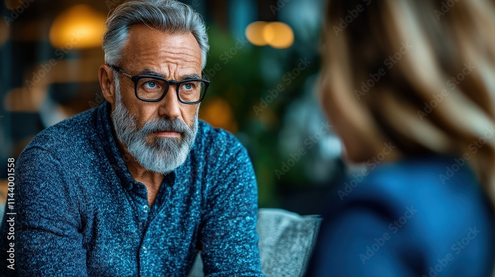 A mature man with a thoughtful expression engages in a serious conversation with a woman in a cozy and modern setting, highlighting the importance of empathy and understanding. A mature man with a thoughtful expression engages in a serious conversation with a woman in a cozy and modern setting, highlighting the importance of empathy and understanding.
