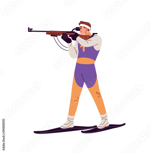 Biathlon competition. Professional sportsman on ski aiming and shooting with rifle. Athlete skier is in winter sport championship, snow race. Flat isolated vector illustration on white background