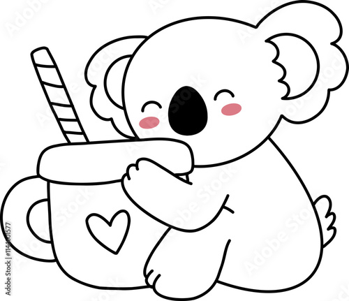 Cute Koala Love Coffee Cup Outline Coloring photo