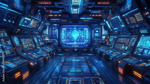 Fototapeta Naklejka Na Ścianę i Meble -  Futuristic spaceship bridge interior with glowing screens and controls.