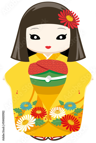 黄色の着物を着た、顔色が悪くて少し怖い目のおかっぱのお菊人形のイラストアイコン