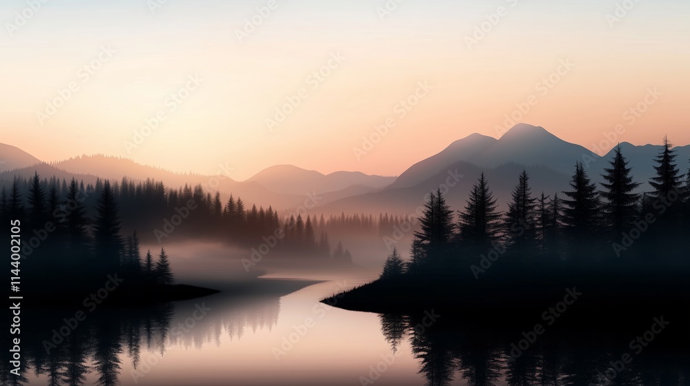 Serene sunset over mountains and river surrounded by tall trees in a tranquil landscape Serene sunset over mountains and river surrounded by tall trees in a tranquil landscape