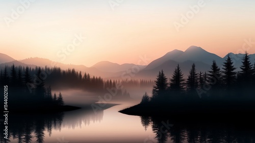 Serene sunset over mountains and river surrounded by tall trees in a tranquil landscape