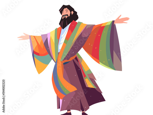 Man in a colorful robe is standing with his arms outstretched