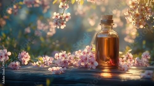 Amber essential oil bottle on wooden surface with pink blossoms.