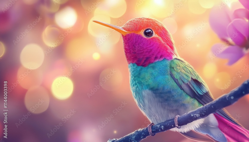 Obraz premium Colorful Hummingbird on a Branch with Vibrant Background Lights