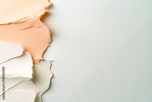 Colorful torn paper pieces create an artistic display on a textured background