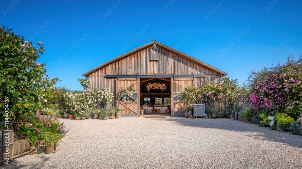 Rustic wooden barn wedding venue with flowers. Rustic wooden barn wedding venue with flowers.