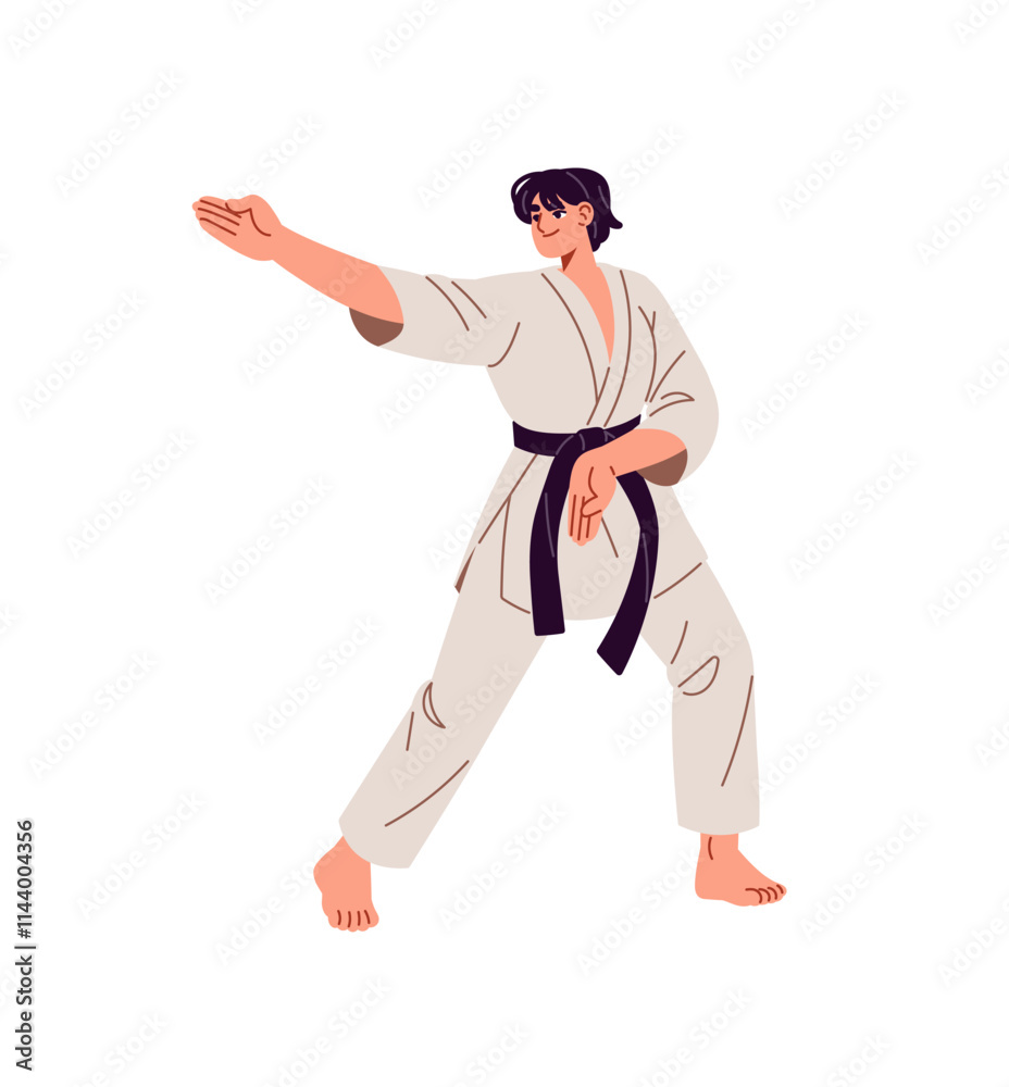 Karate fighter with black belt training. Sportswoman of asian martial art practices techniques in stance. Japanese sport fight, judo, kung fu. Flat isolated vector illustration on white background Karate fighter with black belt training. Sportswoman of asian martial art practices techniques in stance. Japanese sport fight, judo, kung fu. Flat isolated vector illustration on white background