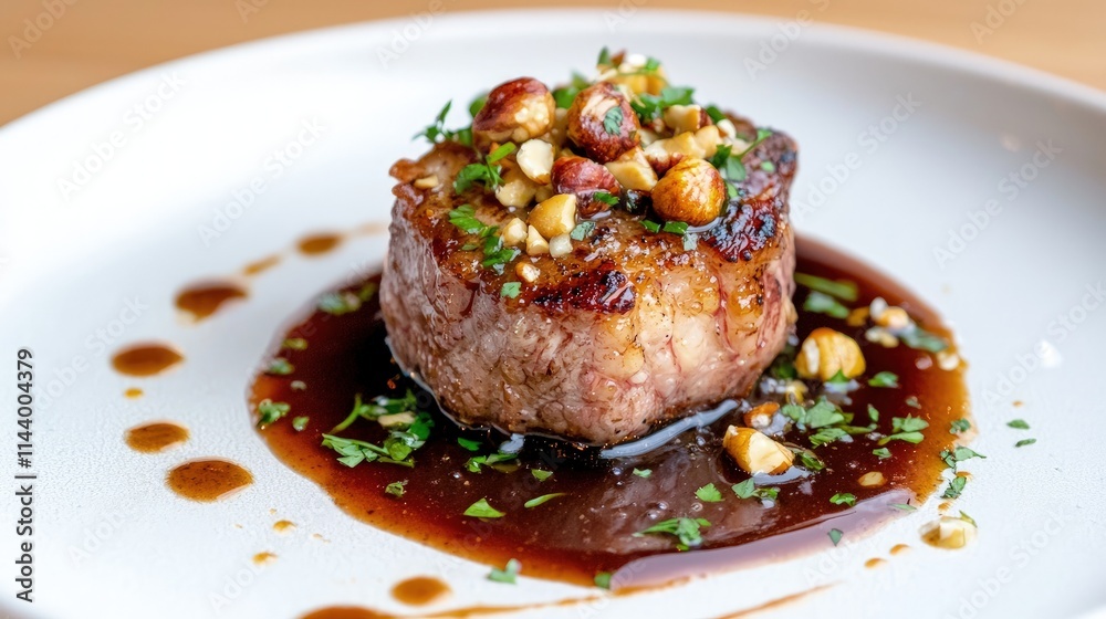 Grilled meat with hazelnut topping and sauce. Grilled meat with hazelnut topping and sauce.