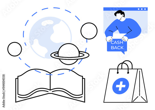 Illustration showing a book, a globe, saturn, a person with cashback sign, and a shopping bag. Ideal for education, global awareness, astronomy, online shopping, and cashback promotions. Simple line