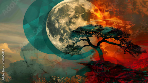 Surreal Moonlit Landscape with Silhouetted Tree..