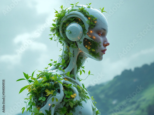 A close-up image depicts a humanoid robot covered in plant life, glowing with faint orange lights. The robot stands against a blurred natural background, within a gallery of similar images. photo