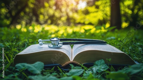 Open book with stethoscope in nature. Represents natural healing, holistic medicine, or medical research in nature.