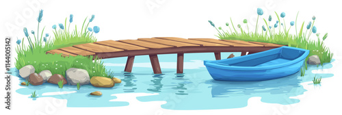 Blue boat is floating in a body of water next to a wooden bridge