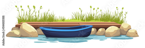 Blue boat is sitting in the water next to a wooden pier