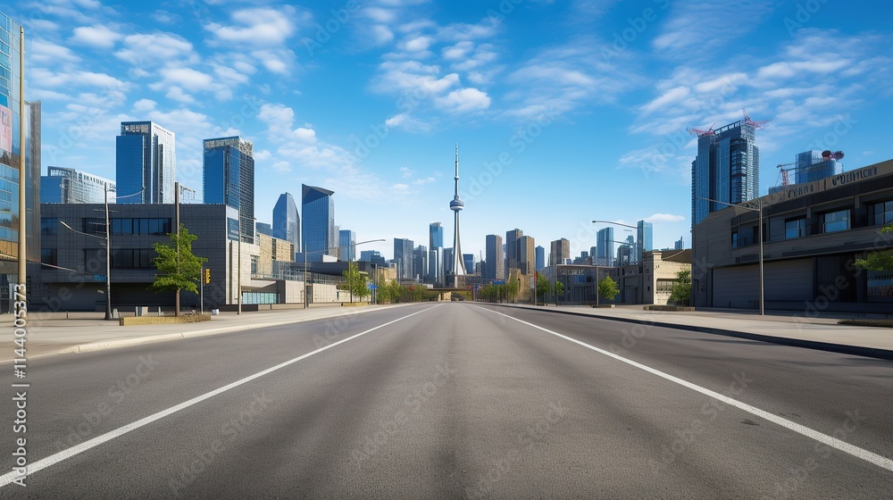 Toronto Cityscape: A Sunny Day View from a Wide Asphalt Road Toronto Cityscape: A Sunny Day View from a Wide Asphalt Road
