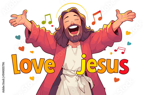 Cartoon of Jesus singing and the words "Love Jesus" written below him