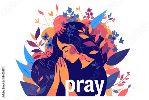 Woman praying in a colorful flowery background