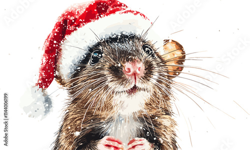 Brown mouse wearing a red Santa hat