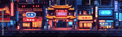 City street with neon signs and buildings