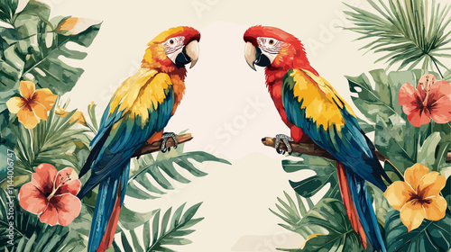 Two parrots are sitting on a branch in a tropical forest