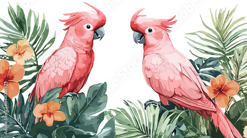 Two pink parrots are sitting on a tree branch