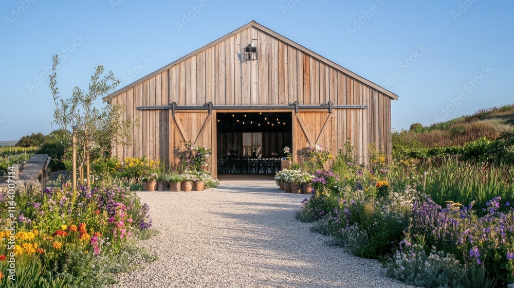 Rustic barn wedding venue with gravel path and colorful flowers. Rustic barn wedding venue with gravel path and colorful flowers.