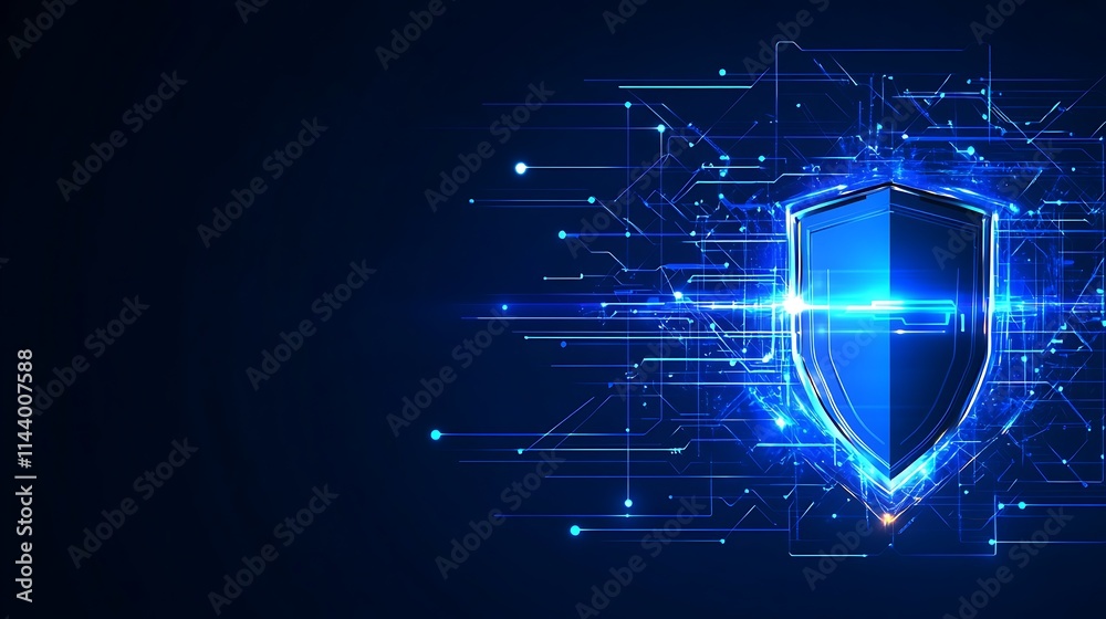 Obraz premium Digital Shield with Blue Fusion Background Representing Cybersecurity and Data Protection