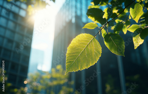 Green foliage glowing under harsh sunlight, urban structures softly blending in background photo