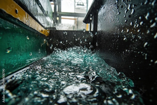 Close-up of splashing water in a dark channel. Ideal for illustrating industrial processes, water management, or abstract concepts related to flow and movement. photo