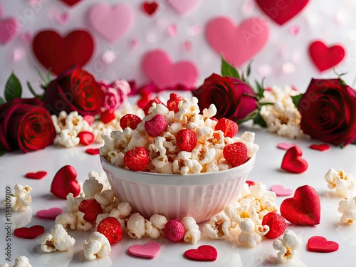 Studiolit profesional photograph of a bowl of popcorn decorated with candy, heart ornament and roses photo