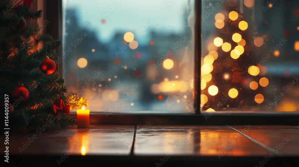 Cozy Christmas scene; lit candle, decorated tree by window. Perfect for holiday cards, blogs, or winter-themed projects.