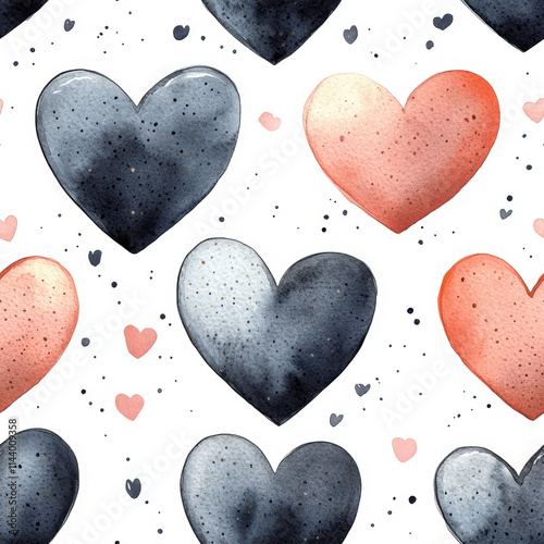 Seamless watercolor heart pattern in soft pastel shades of black, grey, and pink. Romantic and artistic background, perfect for Valentine's Day designs, wedding invitations, or creative projects.