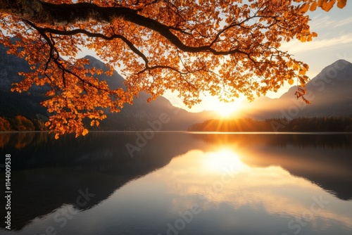 Golden autumn sunset reflecting on calm lake surrounded by mountains and vibrant foliage photo