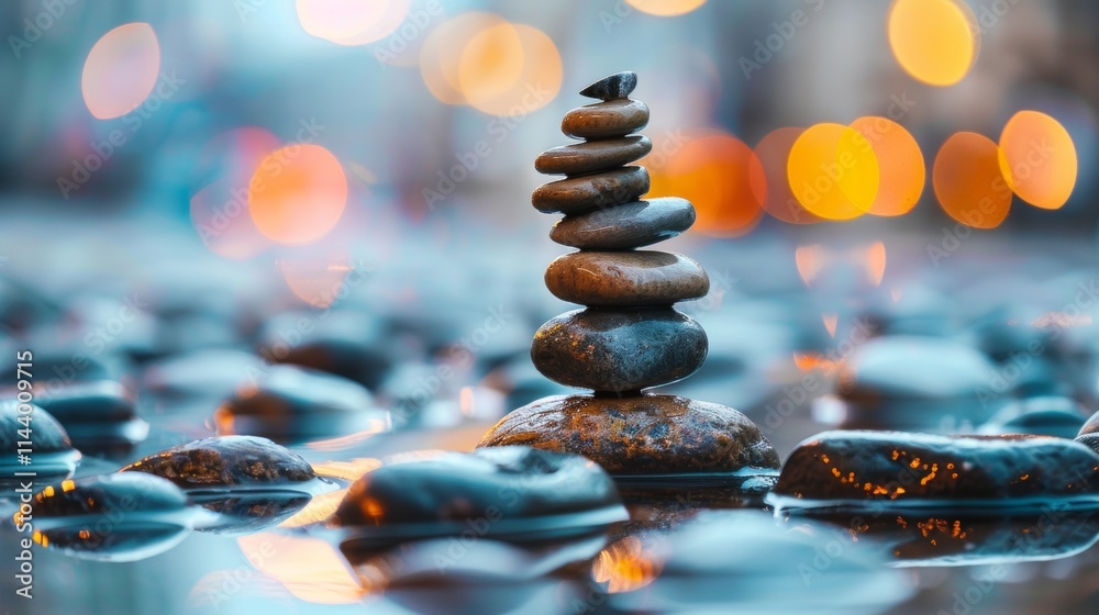 Stacked smooth stones on a wet surface with soft bokeh lights Stacked smooth stones on a wet surface with soft bokeh lights